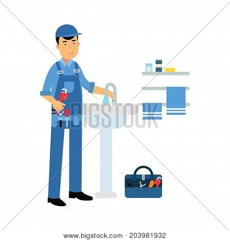 Proffesional plumber character with monkey wrench repairing faucet tap, plumbing service vector Illustration on a white background