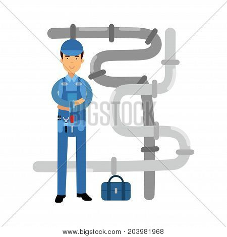 Proffesional plumber character at work, plumbing service vector Illustration on a white background