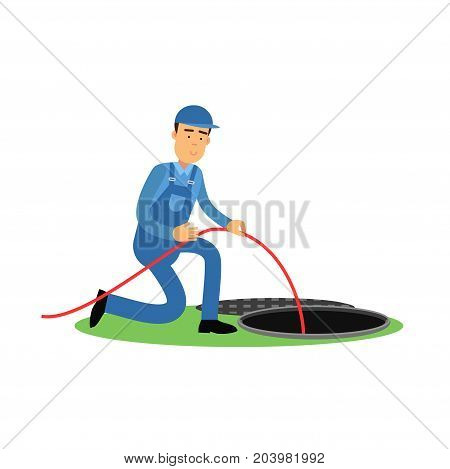 Proffesional plumber character standing next to a sewer manhole, plumbing service vector Illustration on a white background