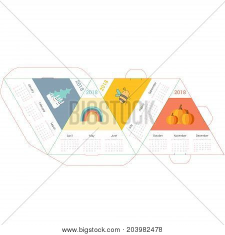 Template nice pyramid calendar 2018 with cartoons and animals. Week starts Sunday.