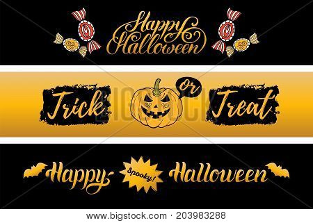 Vector Happy Halloween banners set. All Saints Eve background. Festive Treak Or Treat illustrations collection.