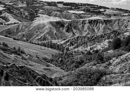 Summer landscape near Rivalta di Lesignano de Bagni (Parma Emilia-Romagna Italy) with the typical rocky inlets. Black and white