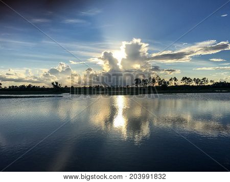 Beautiful And Peaceful Sunset In The Marshes Of A Swamp