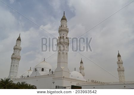 Quba mosque with the blue sky and clouds