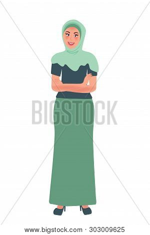 A Modern Arab Woman Stands And Smiles, Putting Her Hand On Her Hand. Vector Illustration Of Islamic 