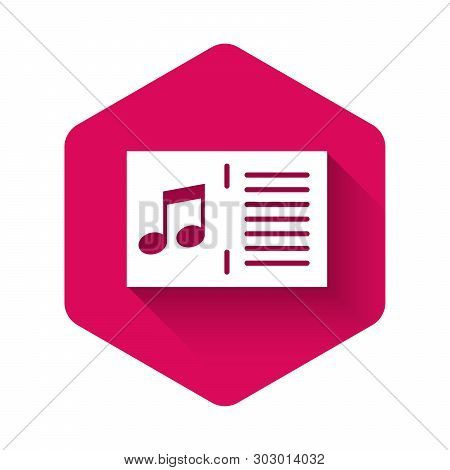 White Music Book With Note Icon Isolated With Long Shadow. Music Sheet With Note Stave. Notebook For