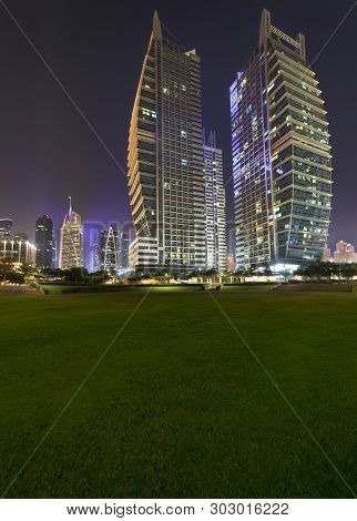 Jumeirah Lakes Towers, Dubai, United Arab Emirates - Dec.21, 2017: Complex -  Armada Towers. Night V