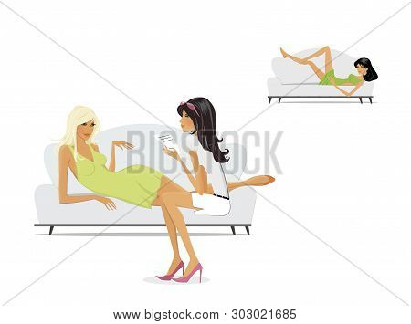 Psychoanalysis. Session Of Psychoanalysis. Girls On The Couch At The Psychoanalyst. Isolated On Whit