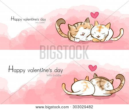 Cute Cat Couple Cuddle Heart Water Color Vector With Happy Valentines Text 
Two Side Graphic Front A