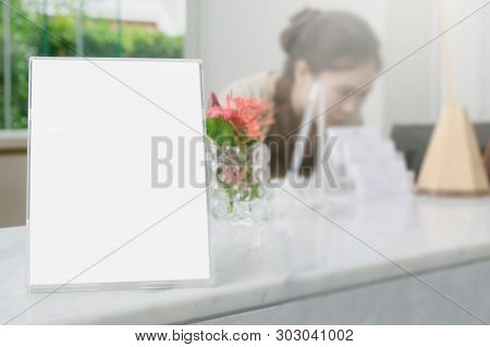 Stand Mock Up Frame Card Or Noticeboard On Blurred Background Interio Reception Hotel Or Modern Rest