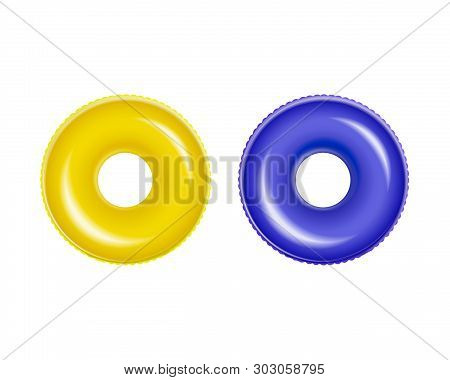 Set Of Yellow And Blue Inflatable Circles With Shadow Isolated On White. Realistic Summertime Illust