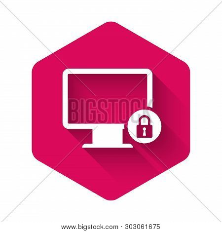White Lock On Computer Monitor Screen Icon Isolated With Long Shadow. Monitor And Padlock. Security,