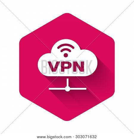 White Vpn Network Cloud Connection Icon Isolated With Long Shadow. Social Technology. Cloud Computin