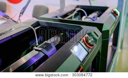 Print Head Of 3d Printer Machine Printing Plastic Model At Modern Scifi Technology Exhibition. 3d Pr
