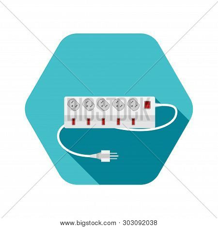 Hexagon Icon Of Modern Five Socket Electrical Extension Cord Type B With Six Switches On The Turquoi