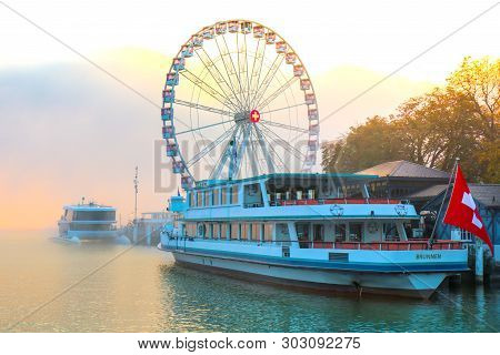 Luzern, Switzerland - Oct 14, 2018 : Chom View Pier On Lake Lucerne, Beautiful Aerial View Lake Luce