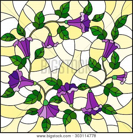 Illustration In Stained Glass Style With Flowers Loach, Purple Flowers And Leaves On Yellow Backgrou