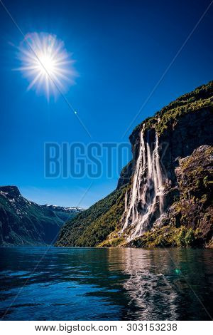 Geiranger fjord, waterfall Seven Sisters. Beautiful Nature Norway natural landscape.