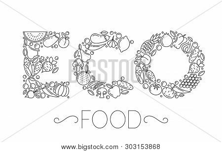 Eco Food Concept. Set Of Different Fruit And Vegetables Icons On White Background. Stock Vector Illu