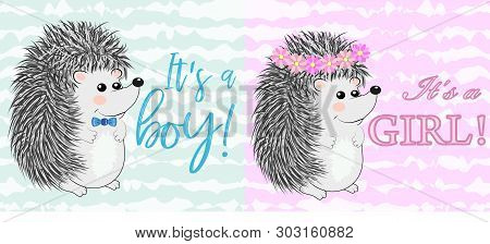 Baby Shower Greeting Card With Babies Hedgehog Boy And Girl