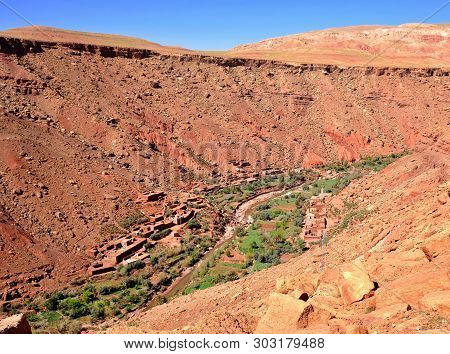 Village Located In The Highland Gorge Of The Atlas Mountains In Morocco, Where The Houses Are Built 