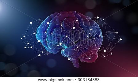 Artificial Intelligence And Communication Concept. Human Brain And Connection Network Around It, Dar