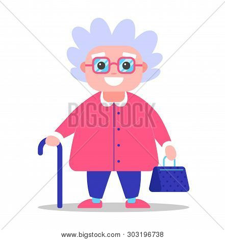 Grandmother With Glasses Stands To Her Full Height And Holds A Bag. Man With A Cane In His Hands. Ve
