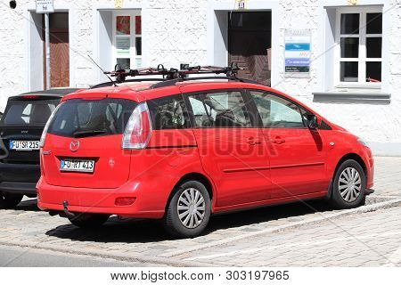 Furth, Germany - May 6, 2018: Red Mazda 5 Compact Mpv Family Car Parked In Germany. There Were 45.8 