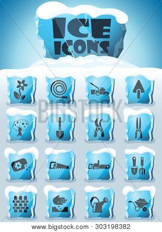 Landscape Design Vector Icons Frozen In Transparent Blocks Of Ice