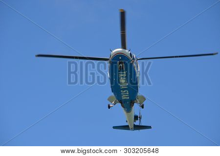 Miami Beach,florida,u.s.a. May 13,2019.medivac Helicopter From Monroe County,florida Landing At Mt.s