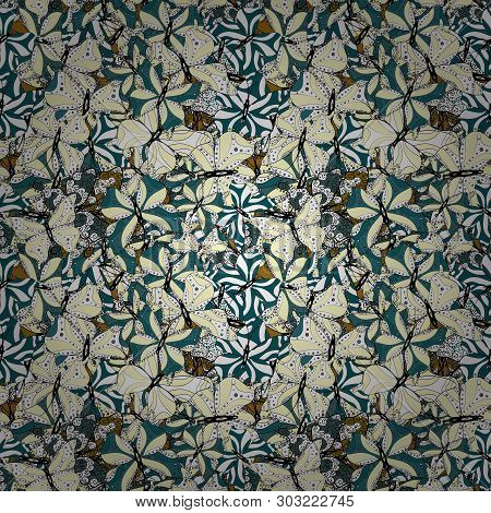 Background For Fabric, Textile, Print And Invitation. Pictures In Beige, Blue And White Colors. Wate