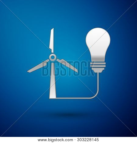 Silver Light Bulb With Wind Turbine As Idea Of Eco Friendly Source Of Energy Icon Isolated On Blue B