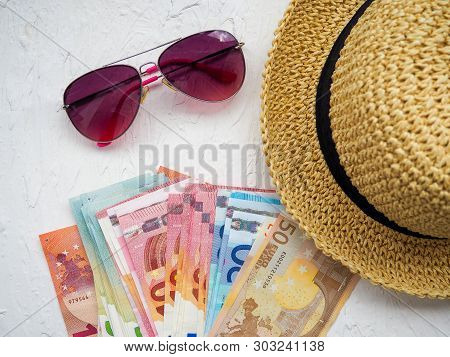 Straw Hat, Money, Bank Cards, Glasses Glare, The Concept Of Holiday, Vacation, Savings