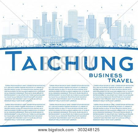 Outline Taichung Taiwan City Skyline with Blue Buildings and Copy Space. Business Travel and Tourism Concept with Historic Architecture. Taichung China Cityscape with Landmarks.