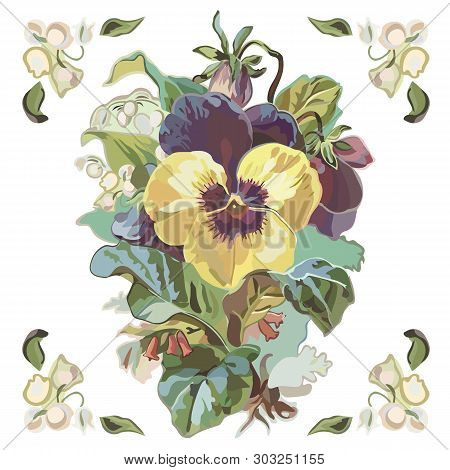 Color Vector Illustration With Vintage Flower Bouquet, Lilly Of The Valley, Yellow Pansy And White D