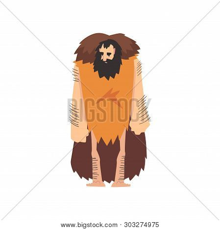 Prehistoric Muscular Bearded Man Wearing Animal Pelt, Primitive Stone Age Caveman Cartoon Character 