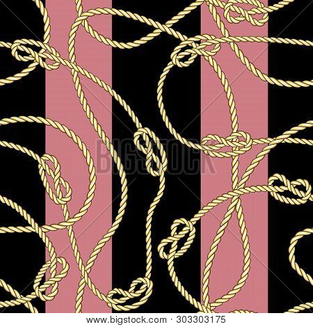 Golden Chaotic Straped Ropes With Sea Knot Seamless Pattern.