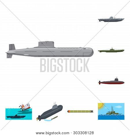 Vector Design Of Boat And Navy Symbol. Set Of Boat And Deep   Vector Icon For Stock.