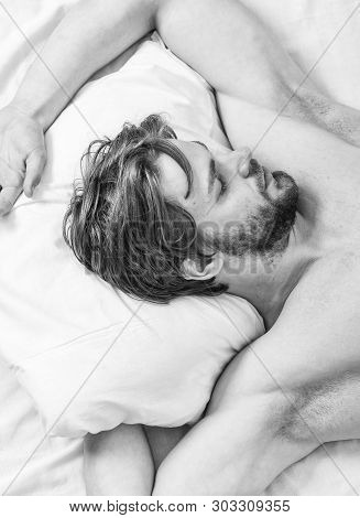 Bearded Man Sleeping Face Relaxing On Pillow. How Much Sleep You Actually Need. Man Handsome Guy Lay