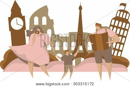 Happy Family Travel Take Photo Europe Sight. Happy Man Character In Vacation With Backpack, Camera A
