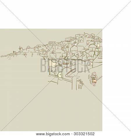 Oia Greece Drawing, Brown Colored Version For Apps, Print Or Web Backgrounds
