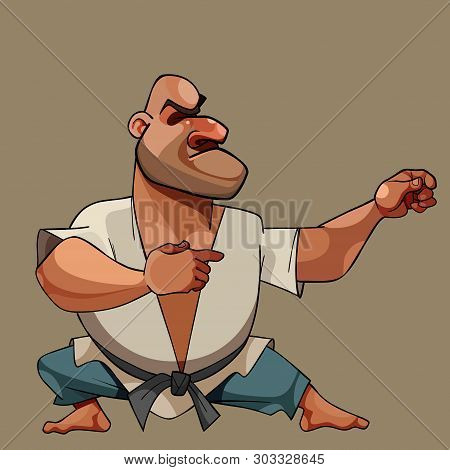Cartoon Serious Karate Man In Kimono Stands Fighting Stance