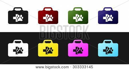 Set Pet First Aid Kit Icon Isolated On Black And White Background. Dog Or Cat Paw Print. Clinic Box.
