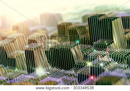 Mesh And Net Stucture With Cubes.network And Internet Concept.3d Illustration.abstract Technology An