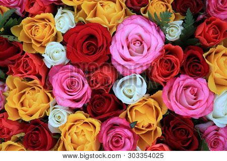 Wedding Flowers, Roses In Several Bright Colors: Red, Pnk, Yellow And White
