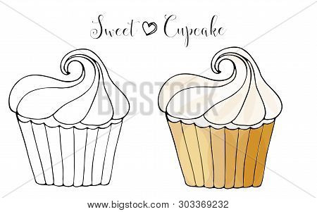 Vector Isolated Cake Or Cupcake, Dessert Coloring