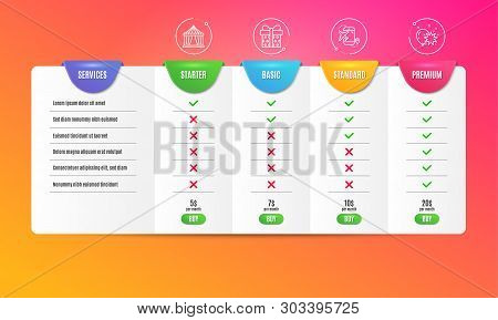 Flight Destination, Circus Tent And Gift Box Icons Simple Set. Comparison Table. Balloon Dart Sign. 