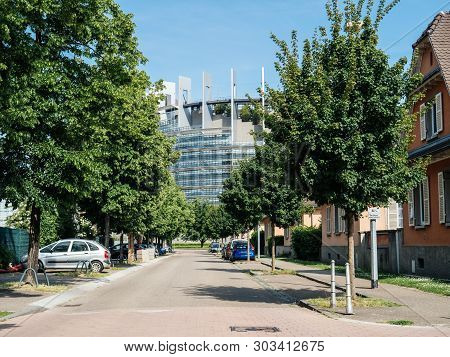 Strasbourg, France - May 26, 2019: European Parliament Headquarter As Seen From Allee Du Printemps S