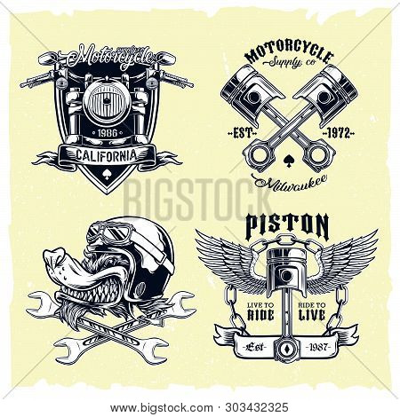 Classic Motorcycle Emblems On Light Background Vector Set