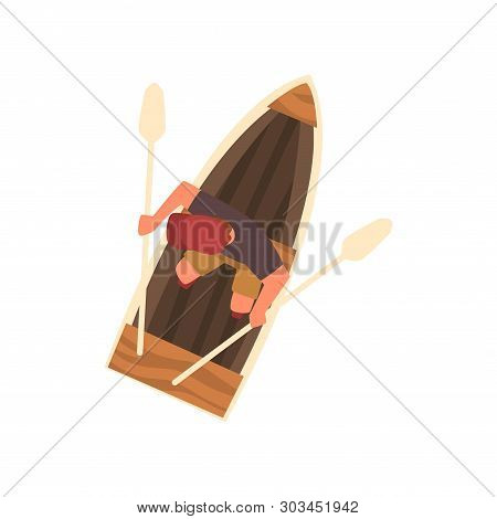 Man In Cap Rowing Wooden Boat, Top View Vector Illustration